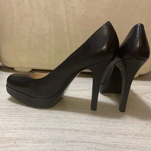 Nine West Helene Black Leather Square Toe Stiletto Platform Pump